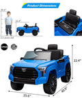 Toyota Tundra Licensed 12V Kids Ride On Truck With Realistic Grille, Brand Logos, And Kid Friendly Functional Pickup Bed, Electric Battery Powered Outdoor Adventure Car For Young Drivers. product dimensions shown, 25.6 x 40.9 x 22.4 in, blue plastic
