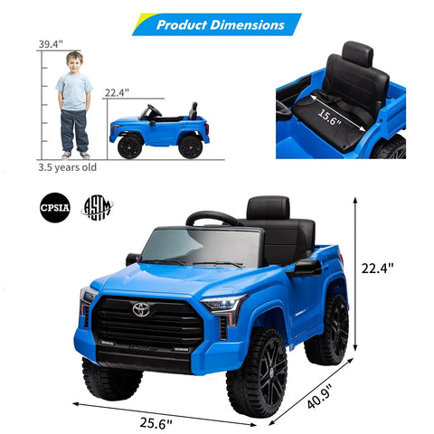 Toyota Tundra Licensed 12V Kids Ride On Truck With Realistic Grille, Brand Logos, And Kid Friendly Functional Pickup Bed, Electric Battery Powered Outdoor Adventure Car For Young Drivers. product dimensions shown, 25.6 x 40.9 x 22.4 in, blue plastic