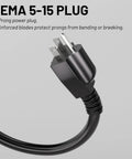 Heavy Duty 6 Ft 14 AWG 3 Prong Industrial Grade Appliance And Power Tool Cord with NEMA 5-15 plug close-up, black, ETL Listed