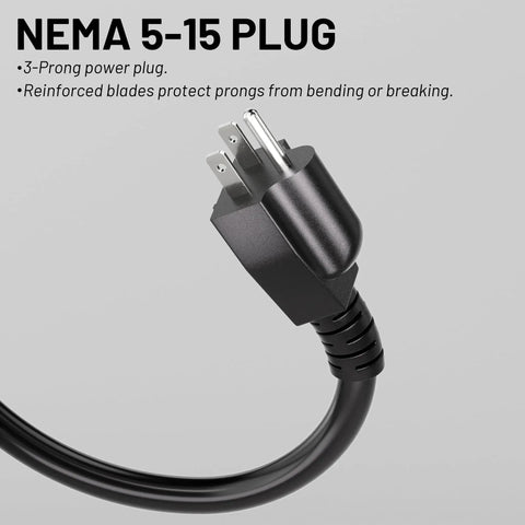Heavy Duty 6 Ft 14 AWG 3 Prong Industrial Grade Appliance And Power Tool Cord with NEMA 5-15 plug close-up, black, ETL Listed
