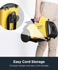 Lightweight Canister Vacuum Cleaner With Hella Powerful 1200 Watt Suction For Carpets Hard Floors And Stairs Comes With Five Dust Bags For Zero Sweat Whole House Cleanup Moves Smooth Yellow, showing easy cord storage feature.