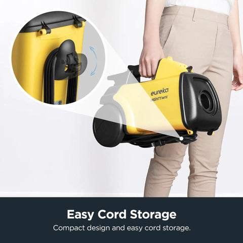 Lightweight Canister Vacuum Cleaner With Hella Powerful 1200 Watt Suction For Carpets Hard Floors And Stairs Comes With Five Dust Bags For Zero Sweat Whole House Cleanup Moves Smooth Yellow, showing easy cord storage feature.