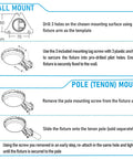 Diagram showing wall mount and pole mount instructions for 3CCT LED Barn Light With Dusk To Dawn Photocell, Outdoor Security Flood Light.