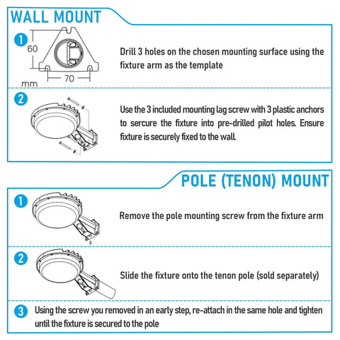 Diagram showing wall mount and pole mount instructions for 3CCT LED Barn Light With Dusk To Dawn Photocell, Outdoor Security Flood Light.