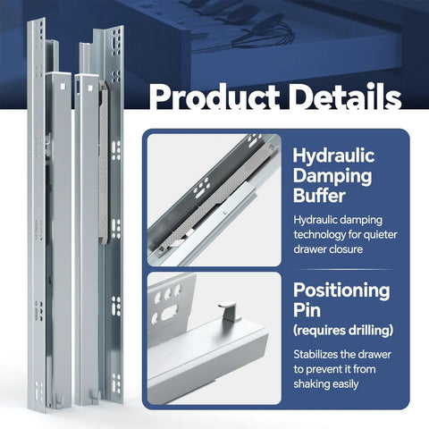 Top Shelf 12 Inch Undermount Drawer Slides With Smooth As Butter Soft Close Action components showing hydraulic damping buffer and positioning pin.