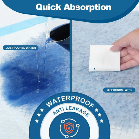 Quick absorption demonstration of Ultra Absorbent 30x36 Disposable Bed Pads With Rapid-Dry Core And Waterproof Backing.