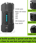 Diagram of Portable Phantom Power Supply 48V 12V Switch for Condenser and Shotgun Mics, showing dimensions and LED indicators