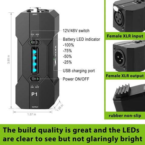 Diagram of Portable Phantom Power Supply 48V 12V Switch for Condenser and Shotgun Mics, showing dimensions and LED indicators