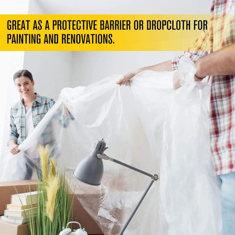 Clear All Purpose Poly Sheeting Roll Heavy Duty 4 Mil Extra Strong Tear Resistant Plastic Sheeting 20 Feet By 100 Feet For Construction Painting Tarping And Pro Grade Jobsite Protection used as a protective barrier during renovations.