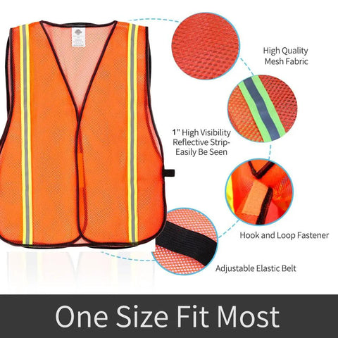 Snap Up These Super Bright 10 Pack High Visibility Safety Vests With One Inch Reflective Strips Featuring Killer 360 Coverage On Breathable Mesh For Unisex Construction Or Night Jobs, front view with reflective details.