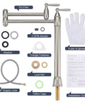 Pot Filler Deck Mount Kitchen Faucet In Brushed Nickel, Folding 2-Handle Design with installation kit components
