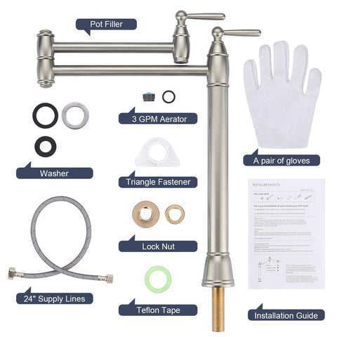 Pot Filler Deck Mount Kitchen Faucet In Brushed Nickel, Folding 2-Handle Design with installation kit components