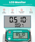 Close-up of LCD monitor on 1 Inch Water And Fuel Flow Meter with Swivel 360 Connector for 2.6-26 GPM Inline NPT Thread and 1 Percent Accuracy