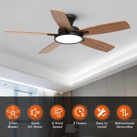 52 Inch No Fuss Quiet Ceiling Fan With Light And Remote Easy Setup Low Profile Flush Mount Ceiling Fan Reversible Blades