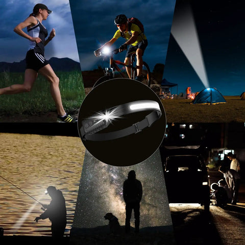 Rechargeable LED Headlamp With 230 Degree Wide COB Beam for ultra wide night vision and all hands free lighting shown in multiple scenarios