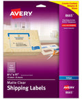 Front view of Avery full-sheet shipping labels packaging, 8.5 x 11, matte clear, inkjet, 25 labels.