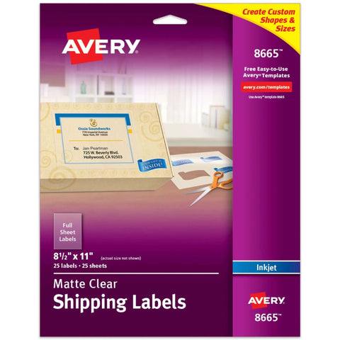 Front view of Avery full-sheet shipping labels packaging, 8.5 x 11, matte clear, inkjet, 25 labels.