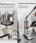 Premium Manual Lever Espresso Maker With 58Mm Professional Brewing Head showcasing 58mm brewing head and stainless steel body.