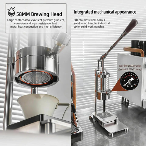 Premium Manual Lever Espresso Maker With 58Mm Professional Brewing Head showcasing 58mm brewing head and stainless steel body.