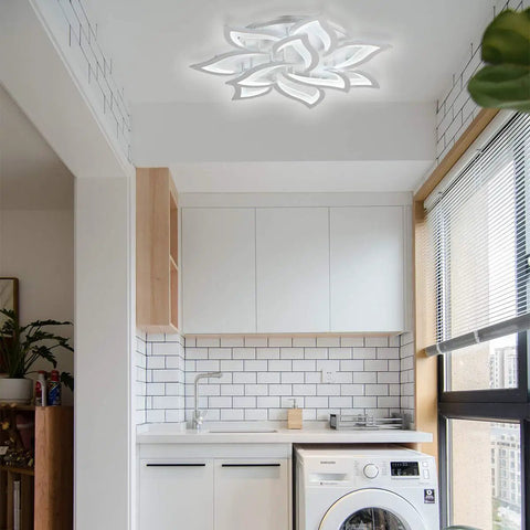 Dimmable LED Ceiling Light With Remote Control, Modern Acrylic Flush Mount Fixture, Flower Shape, in a bright kitchen setting