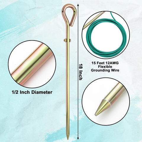 Portable Ground Rod Kit With 15Ft 12AWG Grounding Wire For Earthing, featuring 18-inch pin stake and wire
