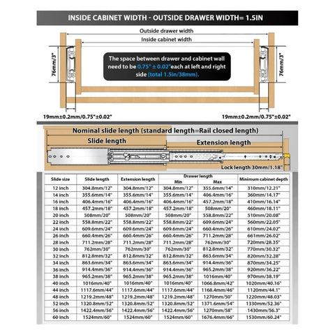 Heavy Duty Full Extension Drawer Slides Pair Bully Tough Ball Bearing Side Mount Guides Ride Smooth As Butter For Rv Toolboxes 12 Inch Steel Industrial Track 220 Kg Load specifications chart and dimensions.
