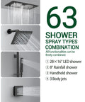 63 shower spray types in a matte black system, featuring an LED shower head and rainfall option for the Top Tier Bluetooth Shower Head With 63 Custom Spray Modes And Precision Knob Controls Featuring Color Changing Led Lights And Rainfall Body Spray For A Straight Up Bathroom Glow Up In Matte Black.