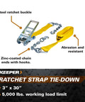 Beefy Heavy Duty 3 Inch By 30 Foot Ratchet Tie Down with Chain End And Grab Hook, 5,000 Lb Working Load Limit, abrasion resistant