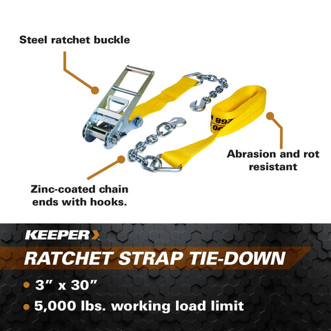 Beefy Heavy Duty 3 Inch By 30 Foot Ratchet Tie Down with Chain End And Grab Hook, 5,000 Lb Working Load Limit, abrasion resistant