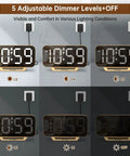 Adjustable dimmer levels on Slim Digital Mirror Alarm Clock With Gold Finish Dope LED Display, showcasing 6 brightness settings