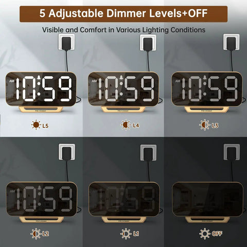 Adjustable dimmer levels on Slim Digital Mirror Alarm Clock With Gold Finish Dope LED Display, showcasing 6 brightness settings