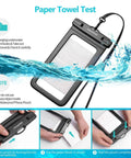 Paper towel test showing 4 Pack 8.5 Inch Waterproof Phone Pouches with lanyard demonstrating water resistance.