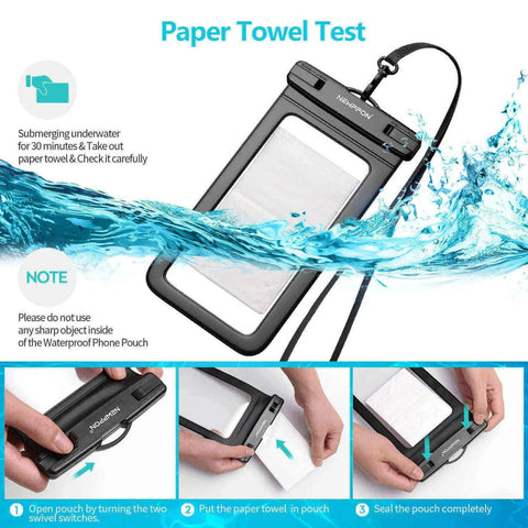 Paper towel test showing 4 Pack 8.5 Inch Waterproof Phone Pouches with lanyard demonstrating water resistance.