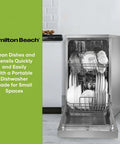 No Sweat Portable Dishwasher In Brushed Platinum Steel Compact Countertop Appliance featuring eight place settings basket tray with clean dishes.