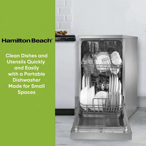 No Sweat Portable Dishwasher In Brushed Platinum Steel Compact Countertop Appliance featuring eight place settings basket tray with clean dishes.