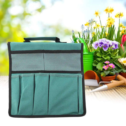 Front view of a Foldable Portable Garden Tool Pouch And Kneeling Stool Bag, green fabric with multiple pockets, for outdoor gardening.