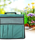 Foldable Garden Kneeler Pouch With Handle Portable Tool Bag And Stool Kneeling Bench Multi Pocket Garden Organizer For Weeding Planting And Outdoor Tasks Grab And Go Lightweight Green, shown front view with tools.