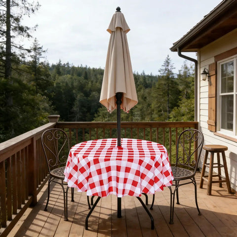 Round 60 Inch Outdoor Tablecloth With Umbrella Hole And Zipper, Red And White Gingham, Spill Proof And Washable, on patio table