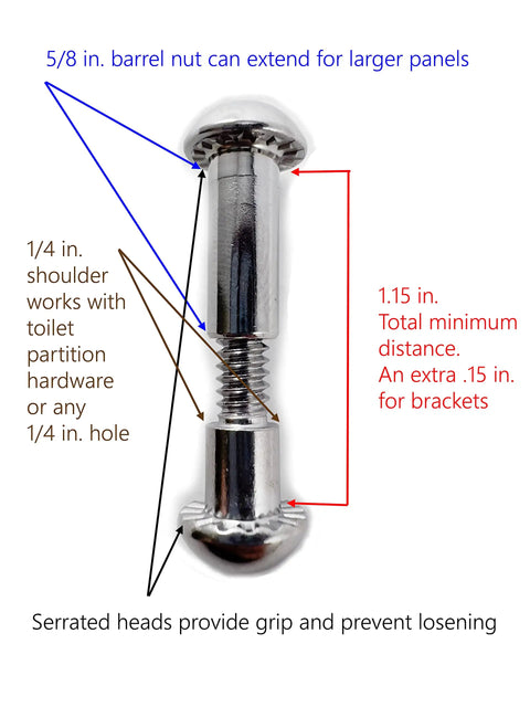 Heavy Duty Steel Torx T27 Security Fasteners For One Inch Panels, showing a detailed screw with barrel nut and measurements.