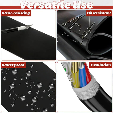 Collage showing wear-resistant, oil-resistant, waterproof, and insulating features of Neoprene Rubber Sheet With Self Adhesive Backing One Eighth Inch Thick Three Inch Wide Ten Feet Long For DIY GasketS Pads Leveling Bumpers Flooring And More Flexible Abrasion Resistant Patch Material For Home Projects