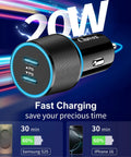 Kickass 6 Pack Usb C Car Charger Featuring Dual 20W Fast Charging Ports with compact design and blue accents for vehicle use.