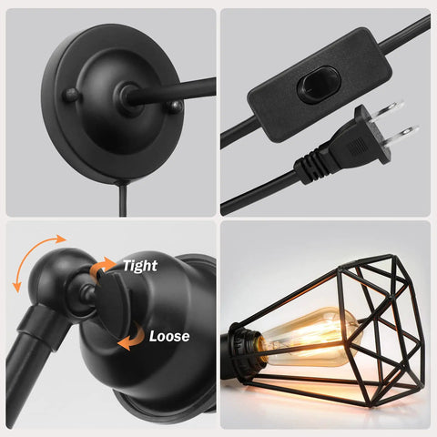 Plug In Wall Sconce Set With Wire Cage, Industrial Rustic Vintage Look, Adjustable Wall Light With On Off Switch, 2 Pack details