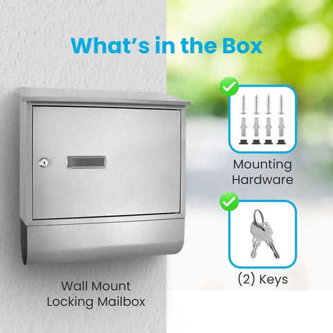 Locking Wall Mount Mailbox Built To Last, Weatherproof Steel With Secure Key Lock, includes 2 keys and mounting hardware.