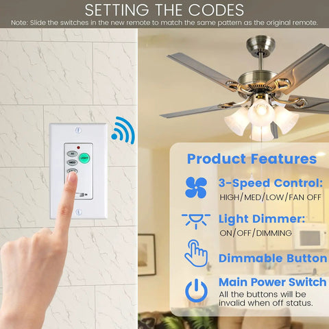 Universal Ceiling Fan Control Transmitter Only 3 Speed Wall Controller for mounted fans with dimmer and main power button.