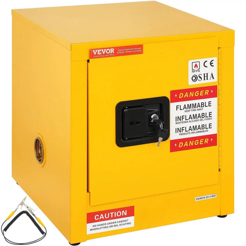 Flammable Storage Cabinet Galvanized Steel With Double Wall Construction 17 By 17 By 18 Inches Adjustable Shelves Rugged No Nonsense Storage For Shop Industrial And Home Use front view with lock and caution labels