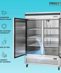 Top Tier Heavy Hitter 54 Inch Double Solid Door Reach In Refrigerator With 49 Cubic Foot Storage And Stainless Steel Finish For Commercial Kitchens Includes Liftgate Freight Delivery Setup, opened view with spacious shelves.