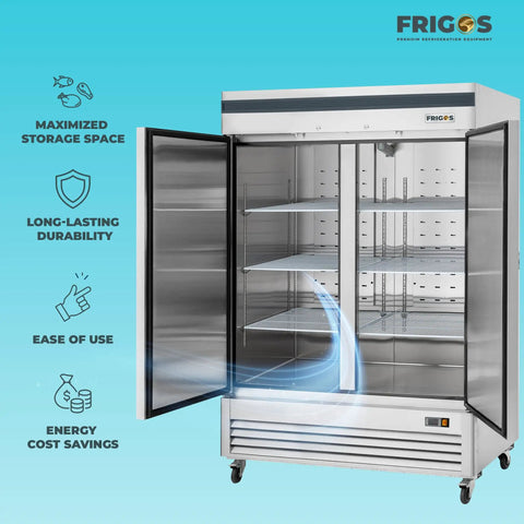 Top Tier Heavy Hitter 54 Inch Double Solid Door Reach In Refrigerator With 49 Cubic Foot Storage And Stainless Steel Finish For Commercial Kitchens Includes Liftgate Freight Delivery Setup, opened view with spacious shelves.