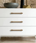 Antique Brass Cabinet Pulls 5 Inch 128mm, 10 Pack Kitchen Cabinet Handles on white dresser in room.
