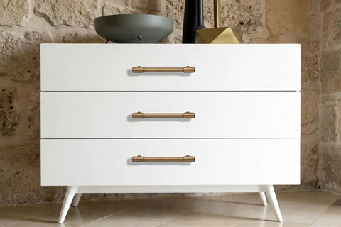Antique Brass Cabinet Pulls 5 Inch 128mm, 10 Pack Kitchen Cabinet Handles on white dresser in room.