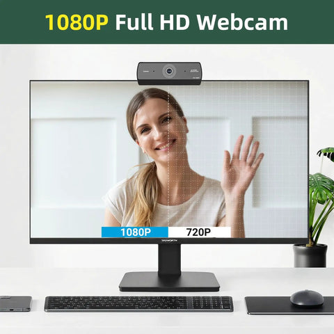 Ultra Crisp 1080P HD Webcam For Pc displayed on monitor, showcasing video quality comparison between 1080p and 720p.